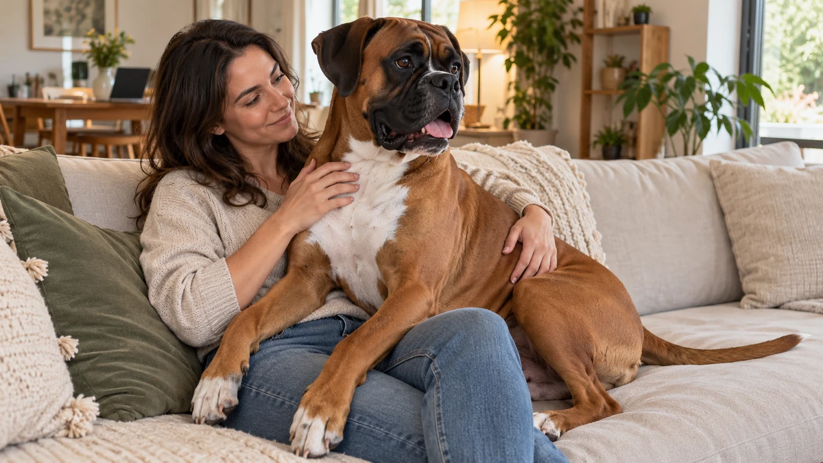 Boxer Köpek köpek — sahibinin kucağında