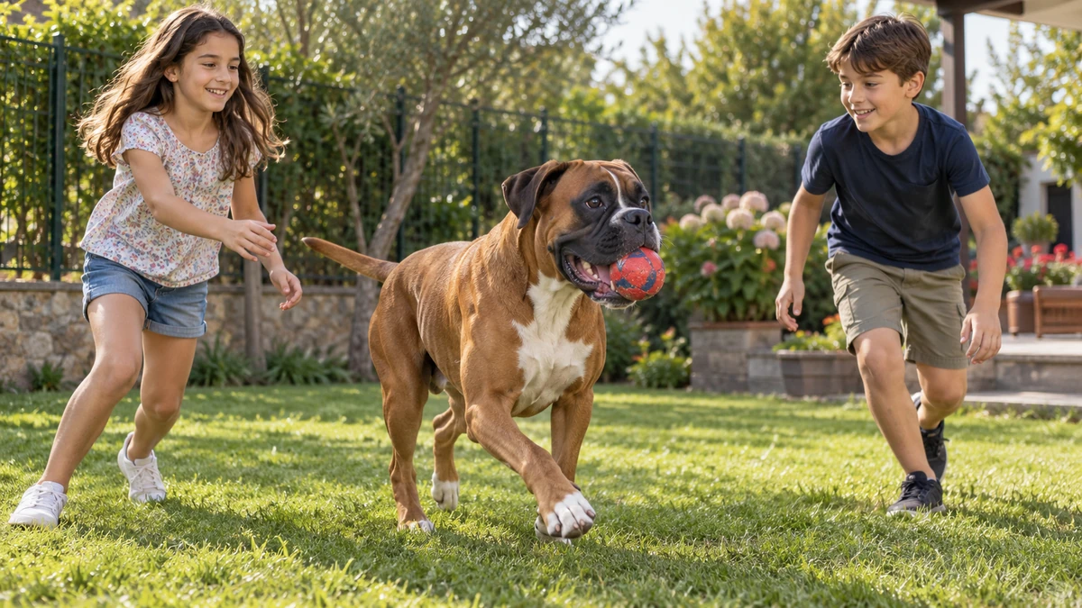 Boxer Köpek köpek — çocuklarla oyun